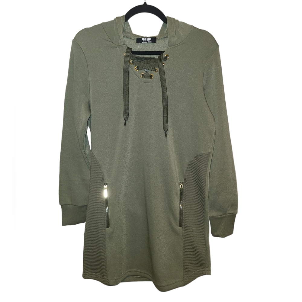 Long Sleeve Hooded Lace-Up Dress in Olive Green